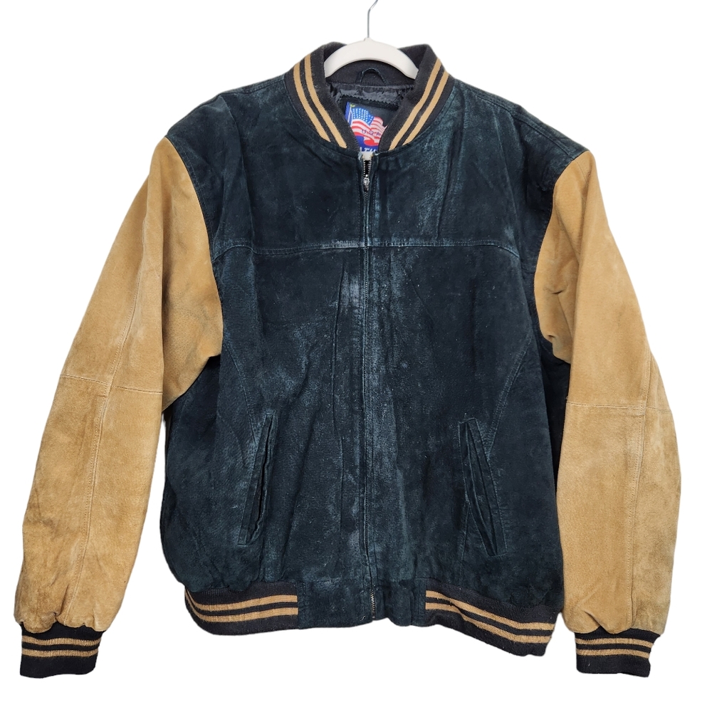 Vintage Leather Black Tan Suede Bomber Jacket Varsity Jacket Men's Size XL